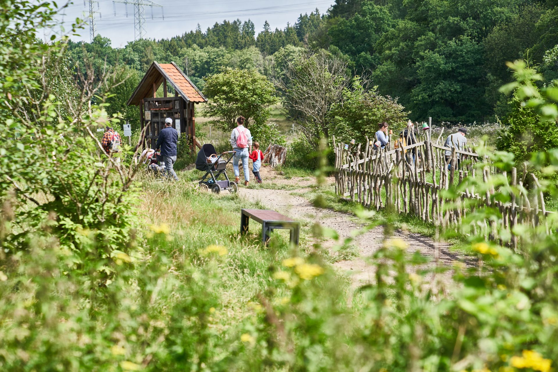 Eine Familie spaziert durch den Tierpark Rheinböllen, vorbei an einem Info-Häusschen und einem eingezäunten Bereich mit Tieren